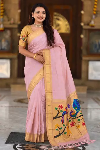 Baby pink faux banarasi silk saree with paithani rich weaved pallu and blouse