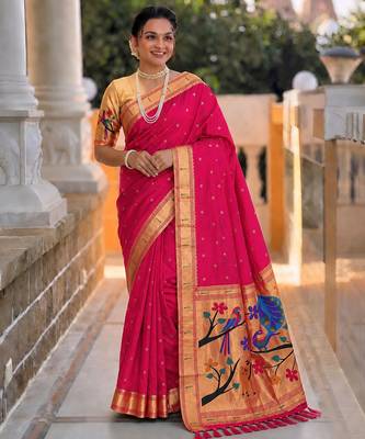 Pink faux banarasi silk saree with paithani rich weaved pallu and blouse 2
