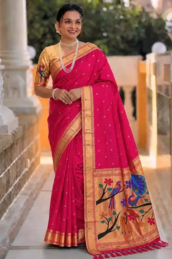 Pink faux banarasi silk saree with paithani rich weaved pallu and blouse