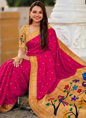 Pink faux banarasi silk saree with paithani rich weaved pallu and blouse 3