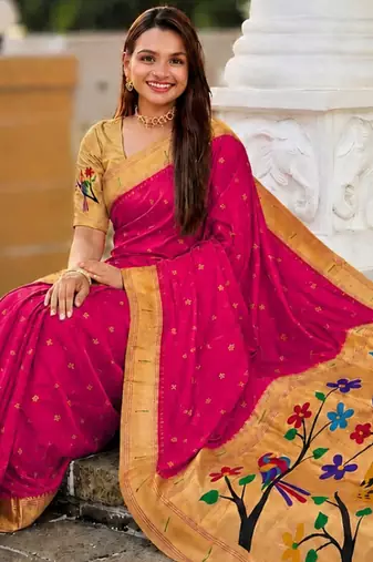 Pink faux banarasi silk saree with paithani rich weaved pallu and blouse
