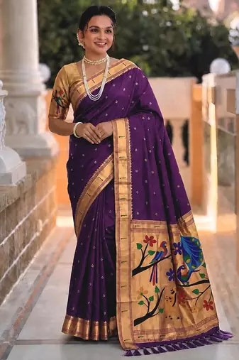 White  faux banarasi silk saree with paithani rich weaved pallu and blouse
