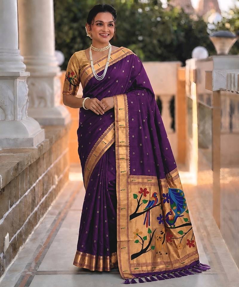 White  faux banarasi silk saree with paithani rich weaved pallu and blouse
