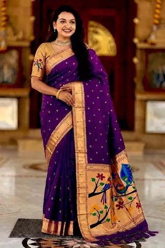 White  faux banarasi silk saree with paithani rich weaved pallu and blouse