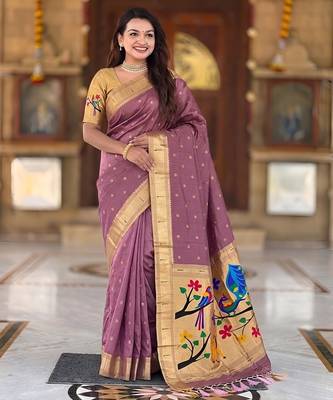Onion pink faux banarasi silk saree with paithani rich weaved pallu and blouse 1