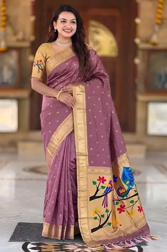 Onion pink faux banarasi silk saree with paithani rich weaved pallu and blouse
