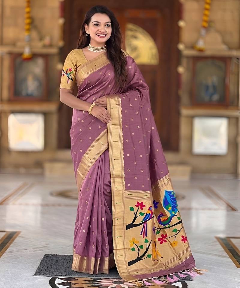 Onion pink faux banarasi silk saree with paithani rich weaved pallu and blouse