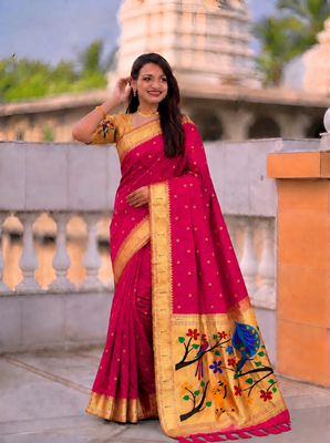 Pink faux banarasi silk saree with paithani rich weaved pallu and blouse 4