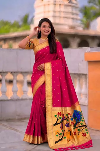 Pink faux banarasi silk saree with paithani rich weaved pallu and blouse