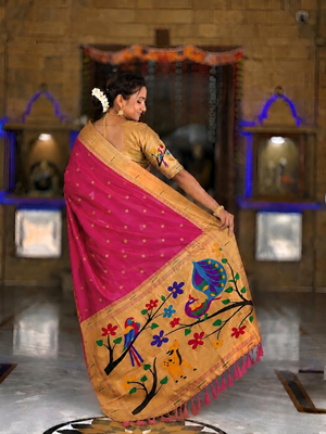 Pink faux banarasi silk saree with paithani rich weaved pallu and blouse 5