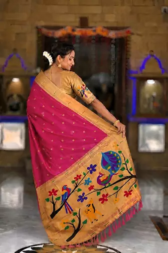 Pink faux banarasi silk saree with paithani rich weaved pallu and blouse