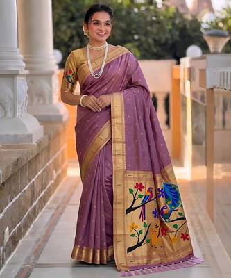 Onion pink faux banarasi silk saree with paithani rich weaved pallu and blouse 2