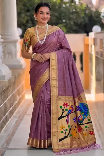 Onion pink faux banarasi silk saree with paithani rich weaved pallu and blouse