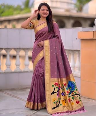 Onion pink faux banarasi silk saree with paithani rich weaved pallu and blouse 3