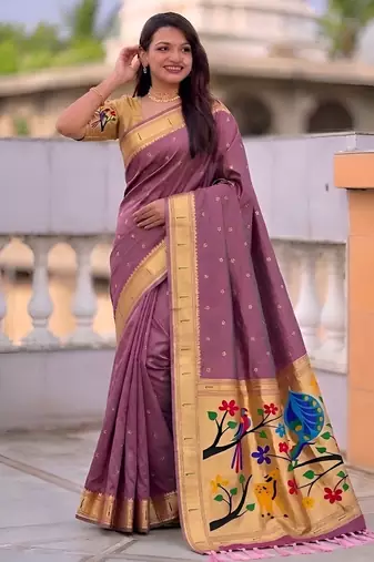 Onion pink faux banarasi silk saree with paithani rich weaved pallu and blouse