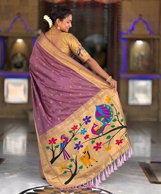 Onion pink faux banarasi silk saree with paithani rich weaved pallu and blouse 4