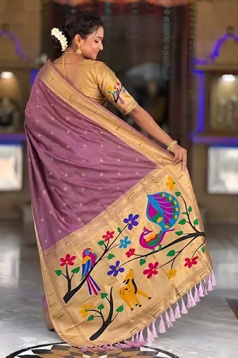 Onion pink faux banarasi silk saree with paithani rich weaved pallu and blouse