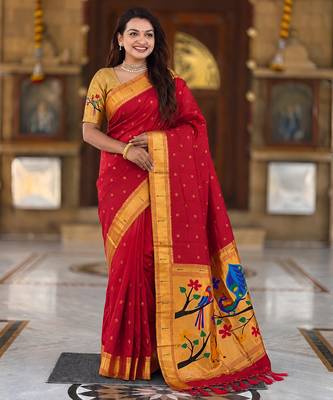 Red faux banarasi silk saree with paithani rich weaved pallu and blouse 3