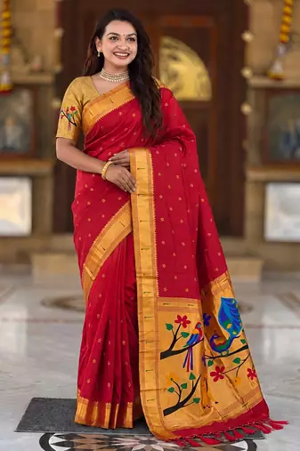 Red faux banarasi silk saree with paithani rich weaved pallu and blouse
