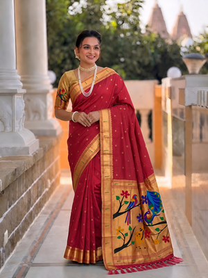 Red faux banarasi silk saree with paithani rich weaved pallu and blouse 4