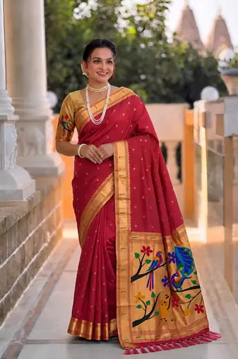 Red faux banarasi silk saree with paithani rich weaved pallu and blouse