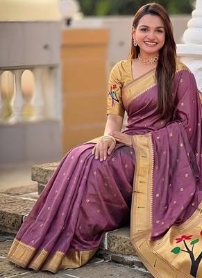 Onion pink faux banarasi silk saree with paithani rich weaved pallu and blouse 5