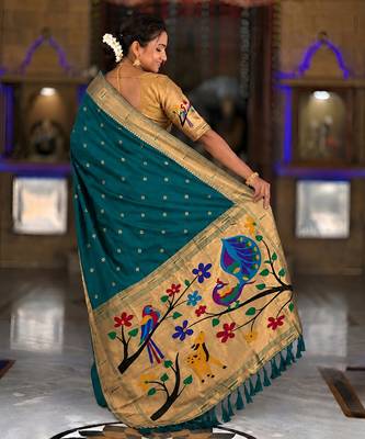 Rama faux banarasi silk saree with paithani rich weaved pallu and blouse 2