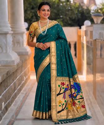 Rama faux banarasi silk saree with paithani rich weaved pallu and blouse 1