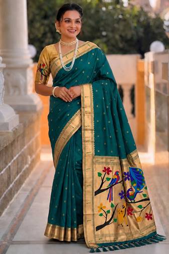 Rama faux banarasi silk saree with paithani rich weaved pallu and blouse