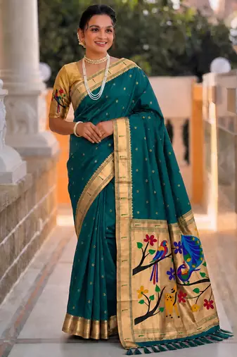 Rama faux banarasi silk saree with paithani rich weaved pallu and blouse