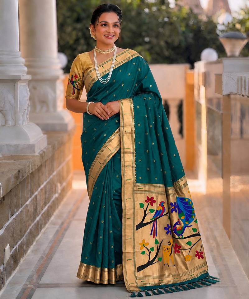 Rama faux banarasi silk saree with paithani rich weaved pallu and blouse
