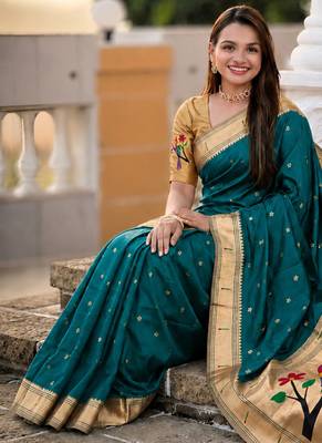 Rama faux banarasi silk saree with paithani rich weaved pallu and blouse 3