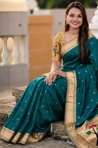 Rama faux banarasi silk saree with paithani rich weaved pallu and blouse