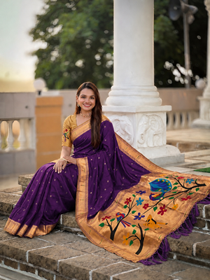 White  faux banarasi silk saree with paithani rich weaved pallu and blouse 4