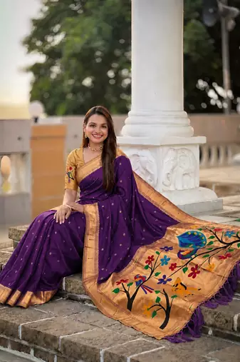 White  faux banarasi silk saree with paithani rich weaved pallu and blouse
