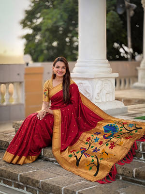 Red faux banarasi silk saree with paithani rich weaved pallu and blouse 5