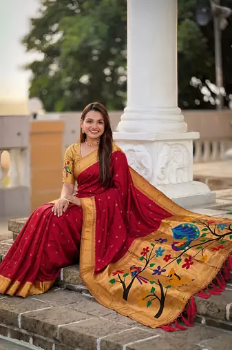 Red faux banarasi silk saree with paithani rich weaved pallu and blouse