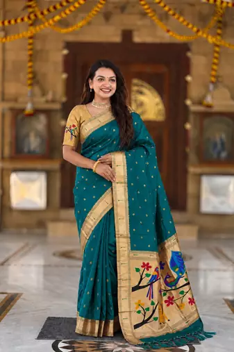 Rama faux banarasi silk saree with paithani rich weaved pallu and blouse