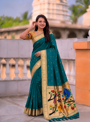 Rama faux banarasi silk saree with paithani rich weaved pallu and blouse 5
