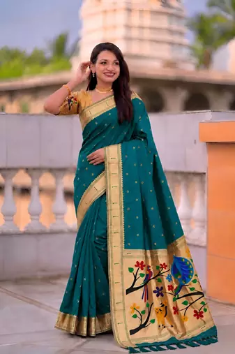 Rama faux banarasi silk saree with paithani rich weaved pallu and blouse