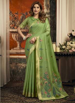 Green cotton zari border casual wear saree 1