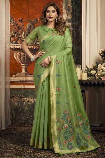 Green cotton zari border casual wear saree