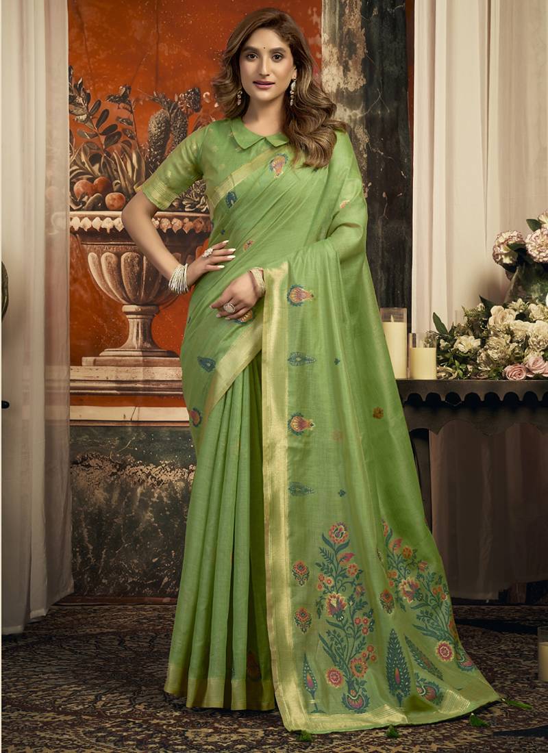 Green cotton zari border casual wear saree