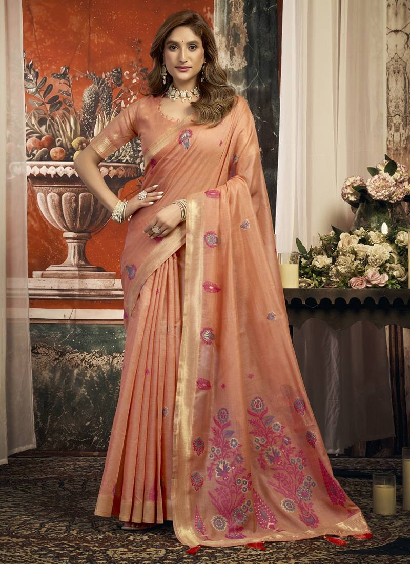 Orange cotton zari border casual wear saree