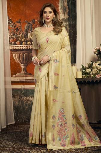Beige cotton zari border casual wear saree