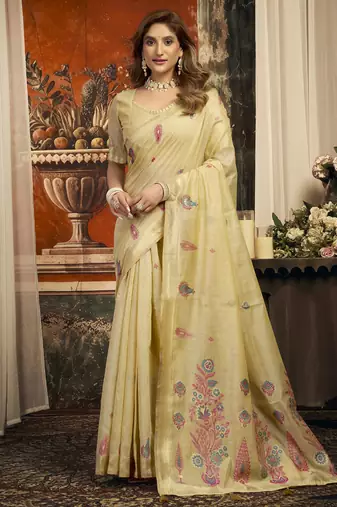 Beige cotton zari border casual wear saree