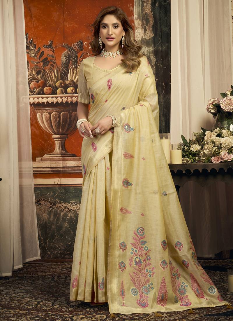 Beige cotton zari border casual wear saree