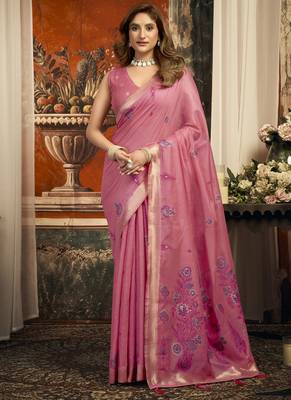 Pink cotton zari border casual wear saree 1