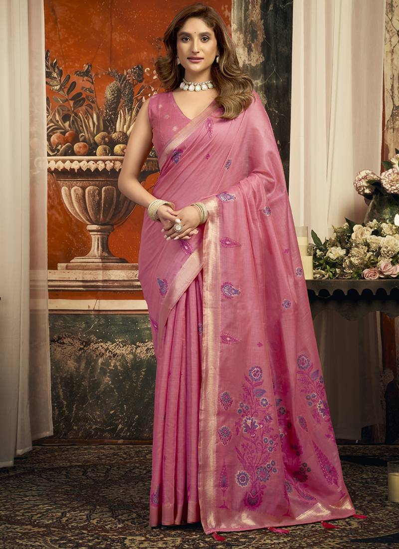 Pink cotton zari border casual wear saree