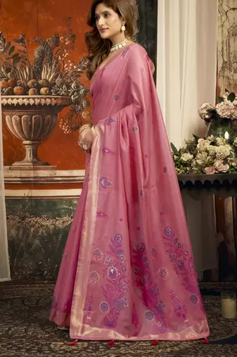 Pink cotton zari border casual wear saree